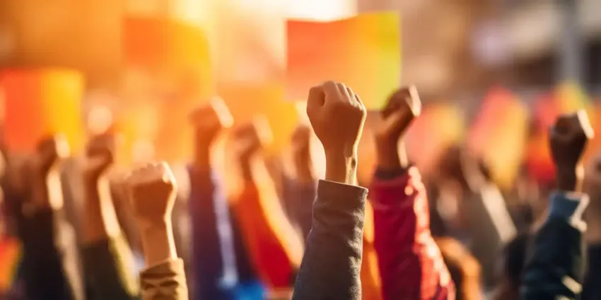 A photo of fists raised in the air