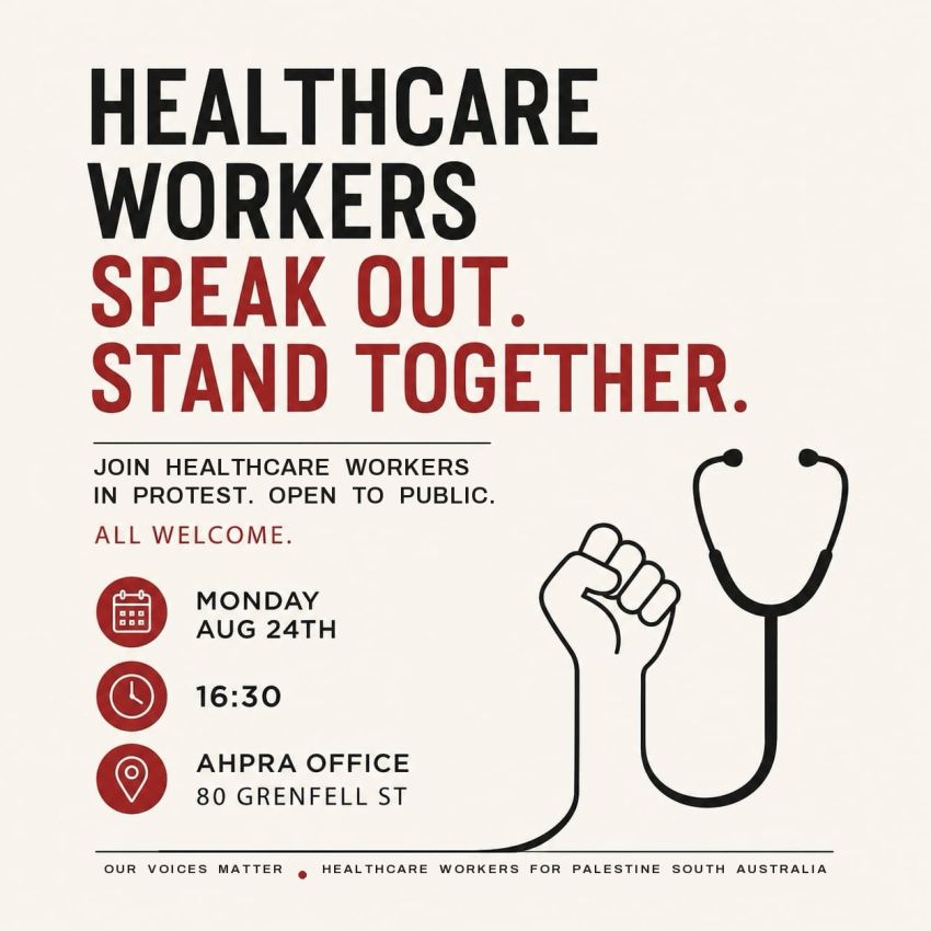 Artwork and image for event "Healthcare Workers Speak Out – Stand Together" 4:30pm 24/08/2026 AHPRA office, 80 Grenfell St, Adelaide SA 5000
