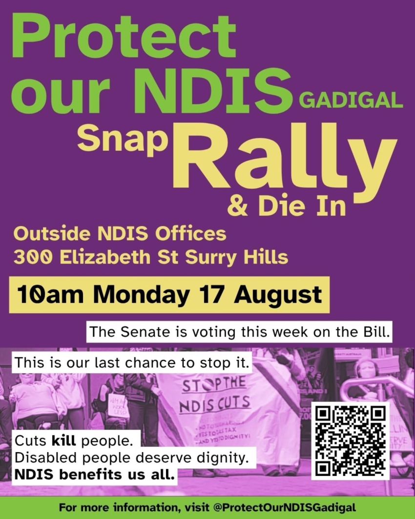 Artwork and image for event "Protect Our NDIS Snap Rally & Die In" 10am 17/08/26 outside NDIS office, 300 Elizabeth St, Surry Hills NSW 2010
