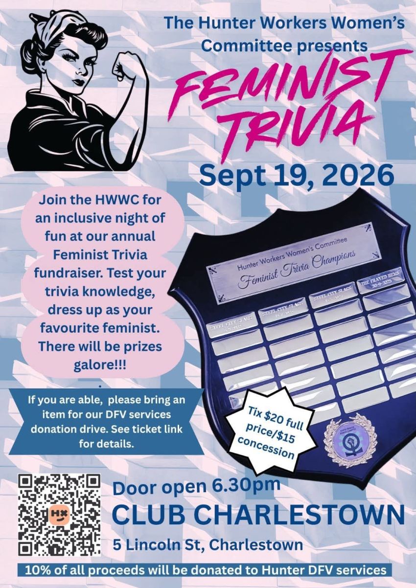 Artwork and image for event "Hunter Workers Women's Committee Presents: Feminist Trivia 2026" 6:30pm-9:30pm 19/09/2026 The Courtyard, Club Charlestown, 5 Lincoln St, Charlestown NSW 2290