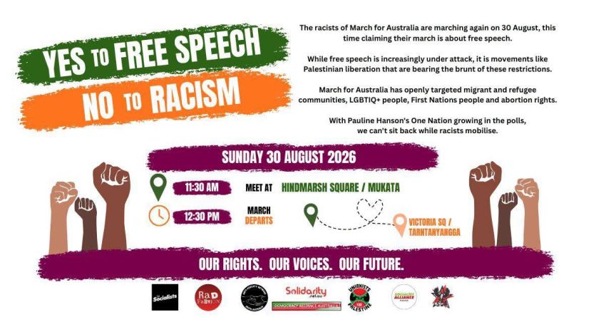 Artwork and image for event "Rally: Yes to Free Speech – No to Racism" 11:30am-1:30pm 30/08/2026 Mukata / Hindmarsh Square, 59 Hindmarsh Sq, Adelaide SA 5000