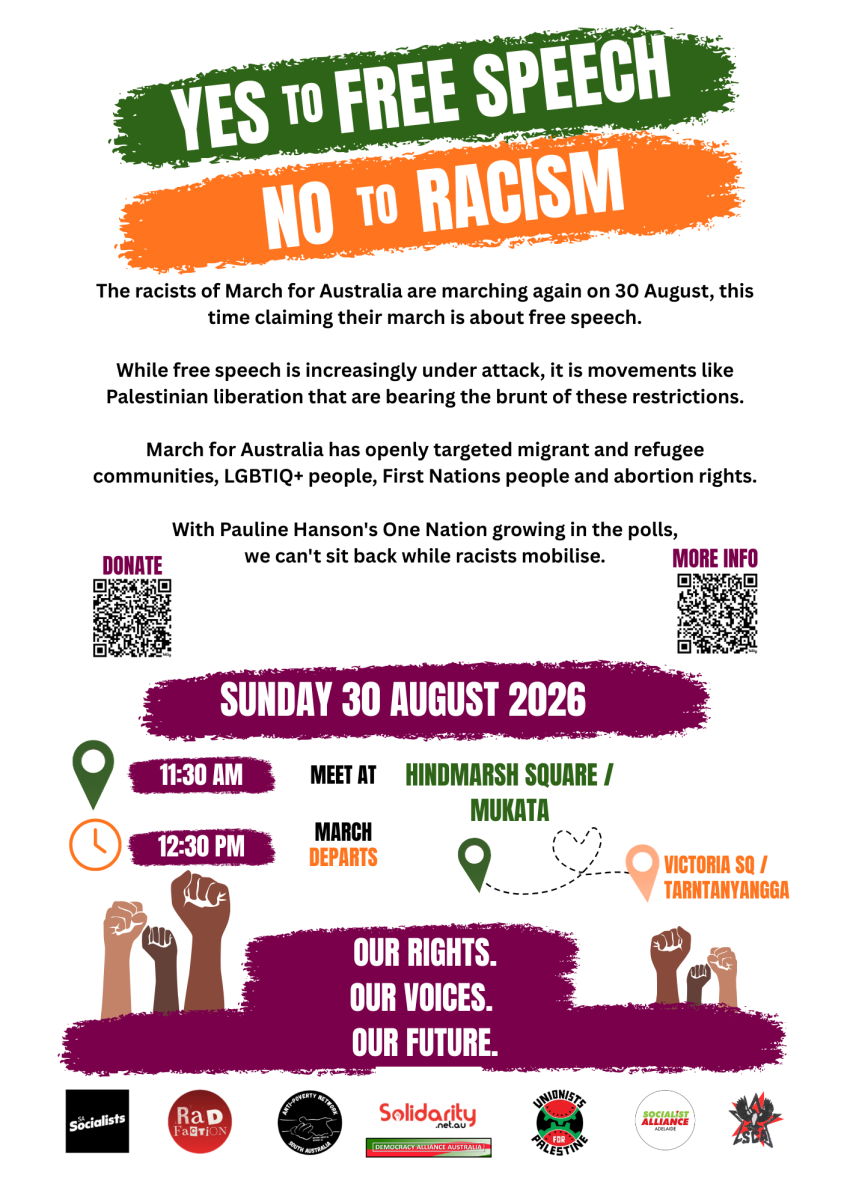 Artwork and image for event "Rally: Yes to Free Speech – No to Racism" 11:30am-1:30pm 30/08/2026 Mukata / Hindmarsh Square, 59 Hindmarsh Sq, Adelaide SA 5000