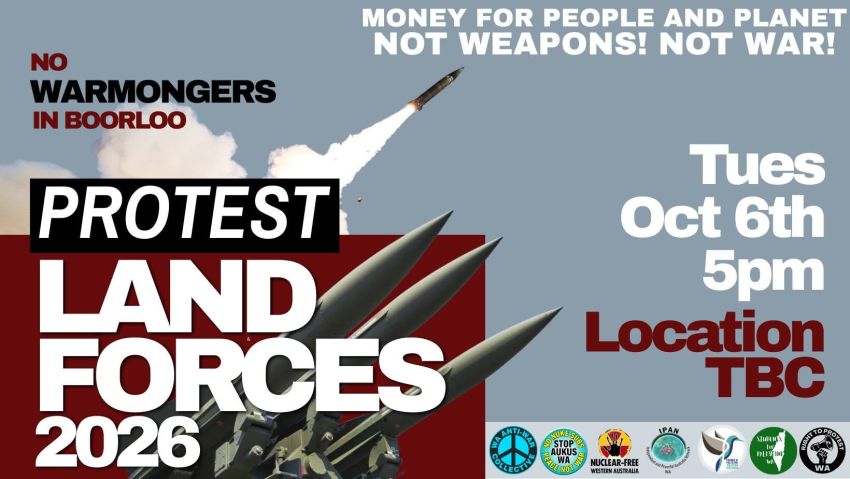Graphic advertising protest against Land Forces weapons fair