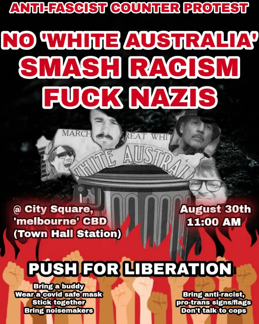 Artwork and image for event "Anti-fascist counter protest" 11am 30/08/2026 City Square, Swanston St, Naarm VIC 3000