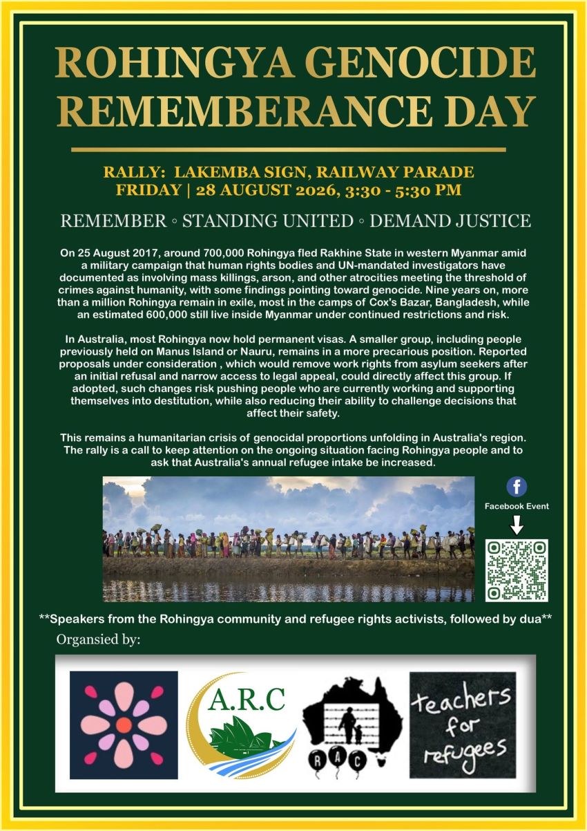 Artwork and image for event "Rohingya Genocide Remembrance Day" 3:30pm-5:30pm 28/08/2026, Lakemba sign, Railway Parade, Lakemba NSW 2195