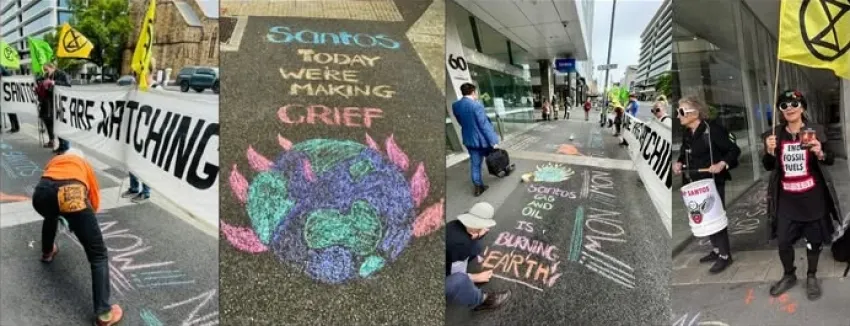 Extinction Rebellion SA protest outside Santos offices in Tarntanya