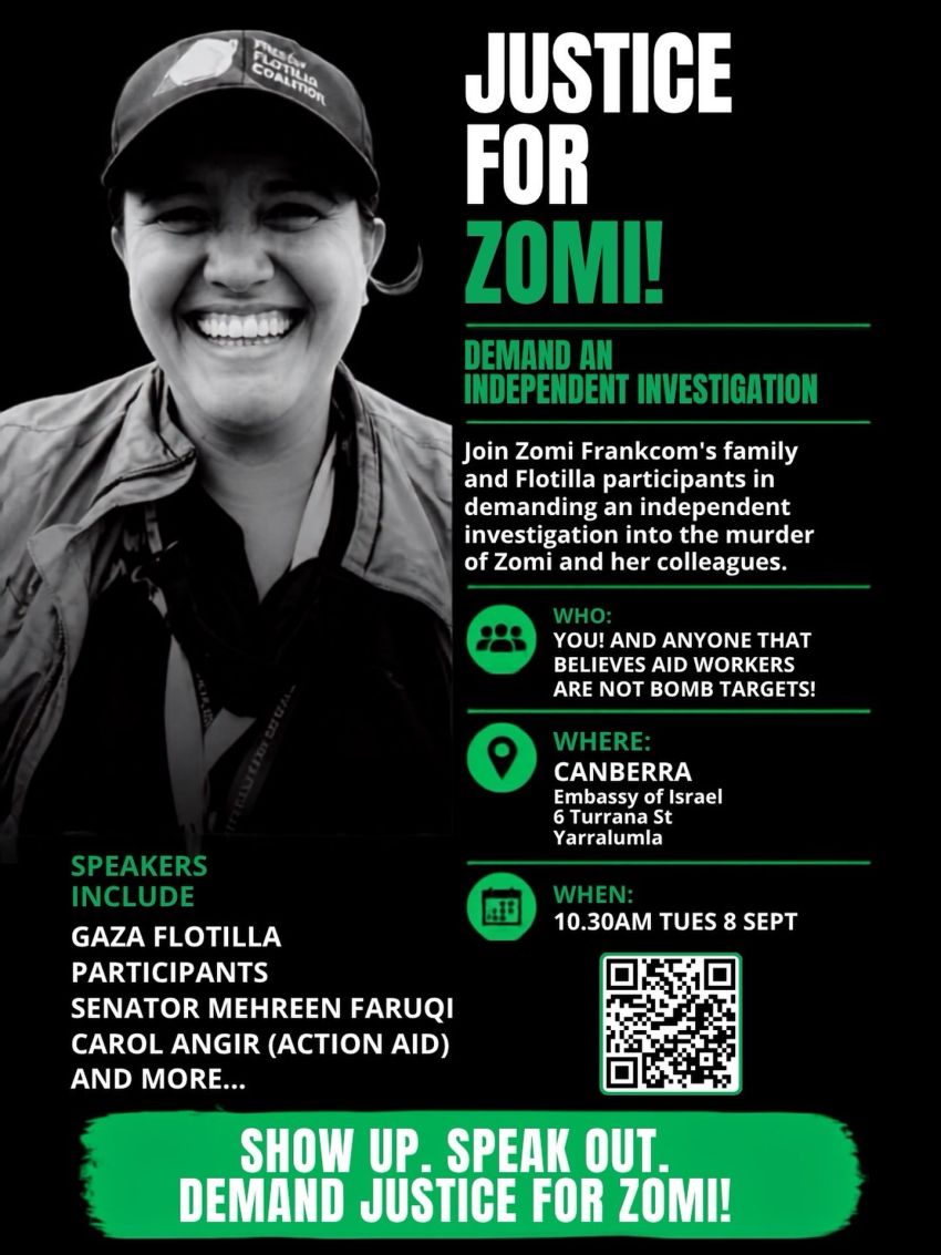 Artwork and poster for event "Protest: Justice For Zomi" 10:30am 08/09/2026 Embassy of Israel, 6 Turrana St, Yarralumla ACT 2600