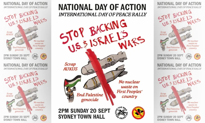 Artwork and image for event "National Day of Action: International Day of Peace – Gadigal Country" 2pm 20/09/2026 Sydney Town Hall, 483 George St, Sydney NSW 2000