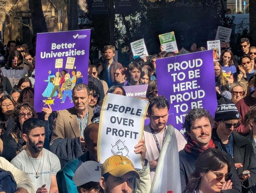 staff and students rally in support of the strike