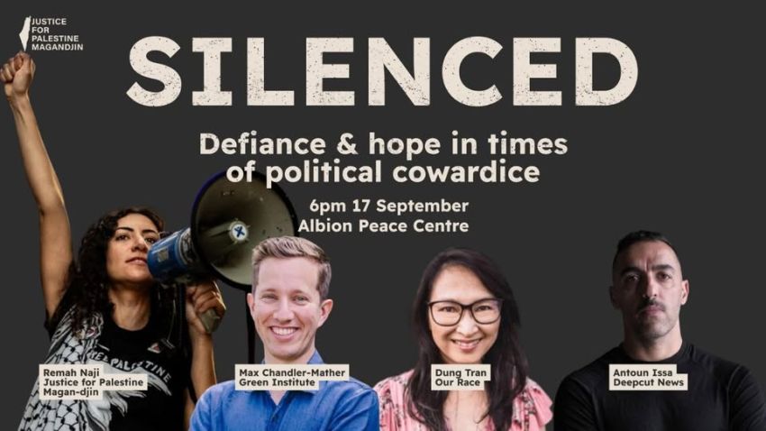 Artwork and image for event "Silenced: Defiance & hope in times of political cowardice" 6pm-8:30pm 17/09/2026 Albion Peace Centre, 102 McDonald Rd, Windsor QLD 4030