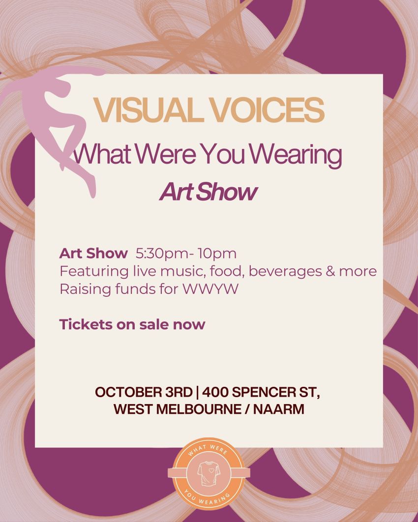 Artwork and poster for event "Visual Voices: What Were You Wearing Art Show" 5:30pm-10pm 03/10/2026 The Blender Studios, 400 Spencer St, West Melbourne VIC 3003