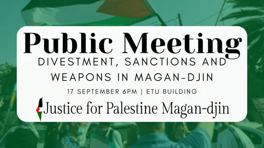 Artwork and image for event "Public Meeting: Action for Palestine" 6pm-8pm 17/09/2026 ETU office, 41 Peel St, South Brisbane QLD 4101