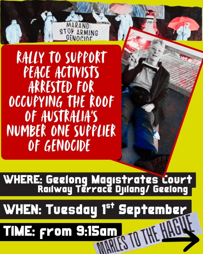 Artwork and image for event "Rally to support peace activists" 9:15am 01/09/2026 Geelong Magistrates' Court, Railway Terrace, Djilang VIC 3220