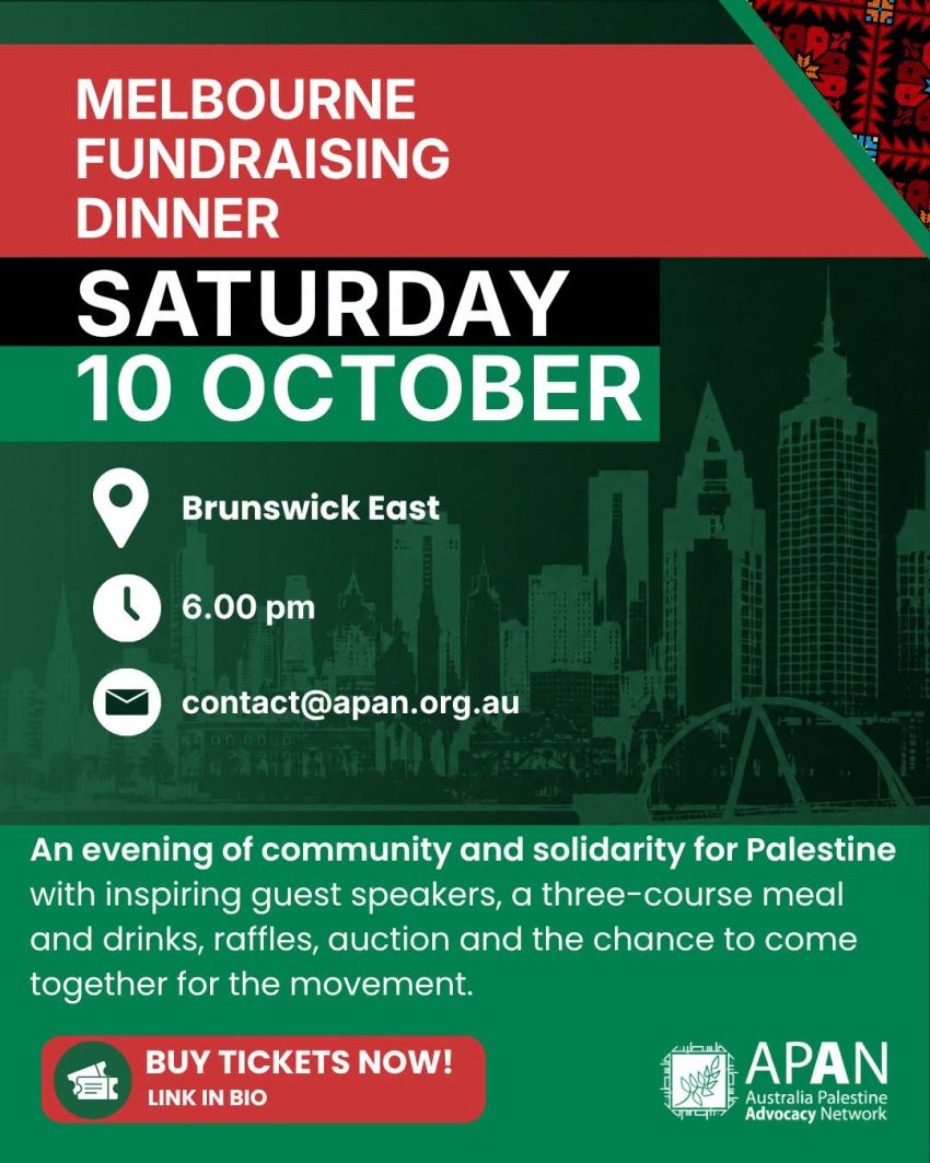 Artwork and graphic for event "APAN Melbourne Fundrasing Dinner 2026" 6pm-10:30pm 10/10/2026 Aurora Receptions, 149 Donald St, Brunswick East VIC 3057