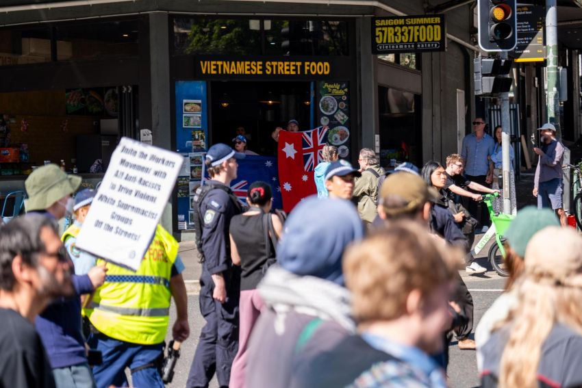 far right protesters at vietnames restaurant