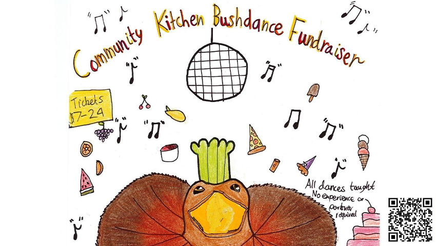A hand drawn picture of a frilled-neck lizard under a disco ball