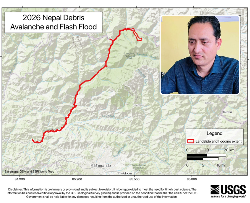 map, inset photo of interviewee