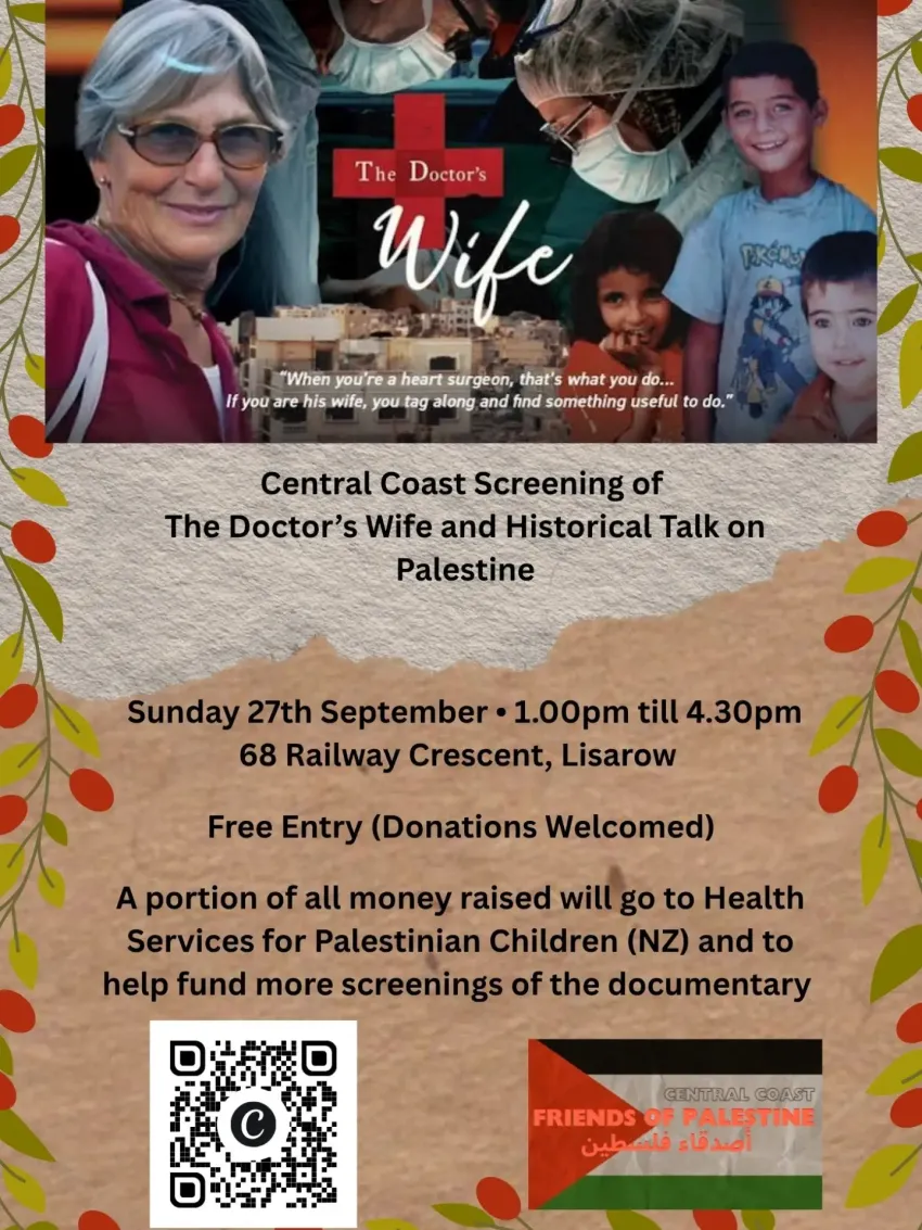 Artwork and image for event "The Doctor's Wife – Central Coast Screening + Historical Talk on Palestine" 1pm-4pm 27/09/2026 68 Railway Cres, Lisarow NSW 2250
