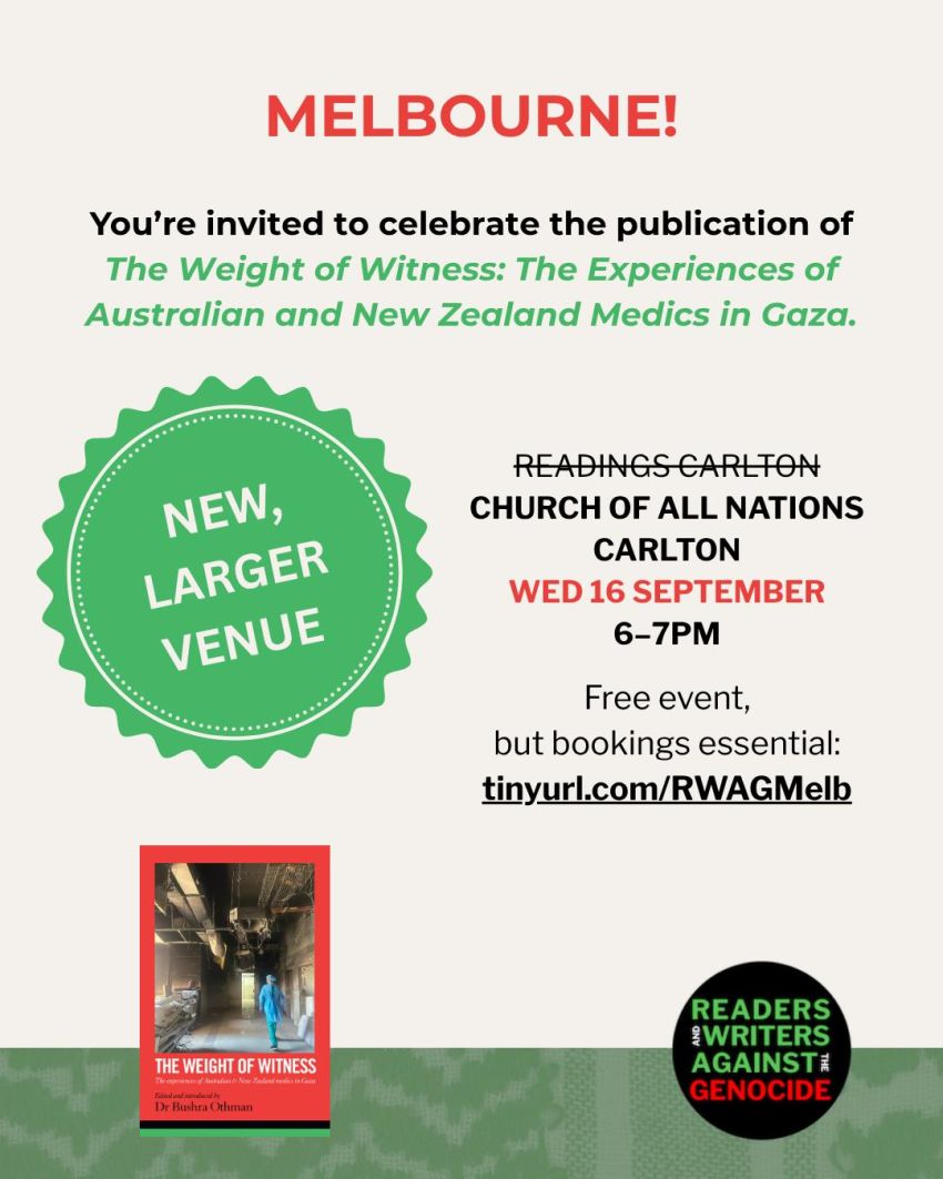Artwork and image for event "Book Launch: The Weight of Witness – Naarm" 6pm-7pm Church of All Nations, 180 Palmerston St, Carlton VIC 3053