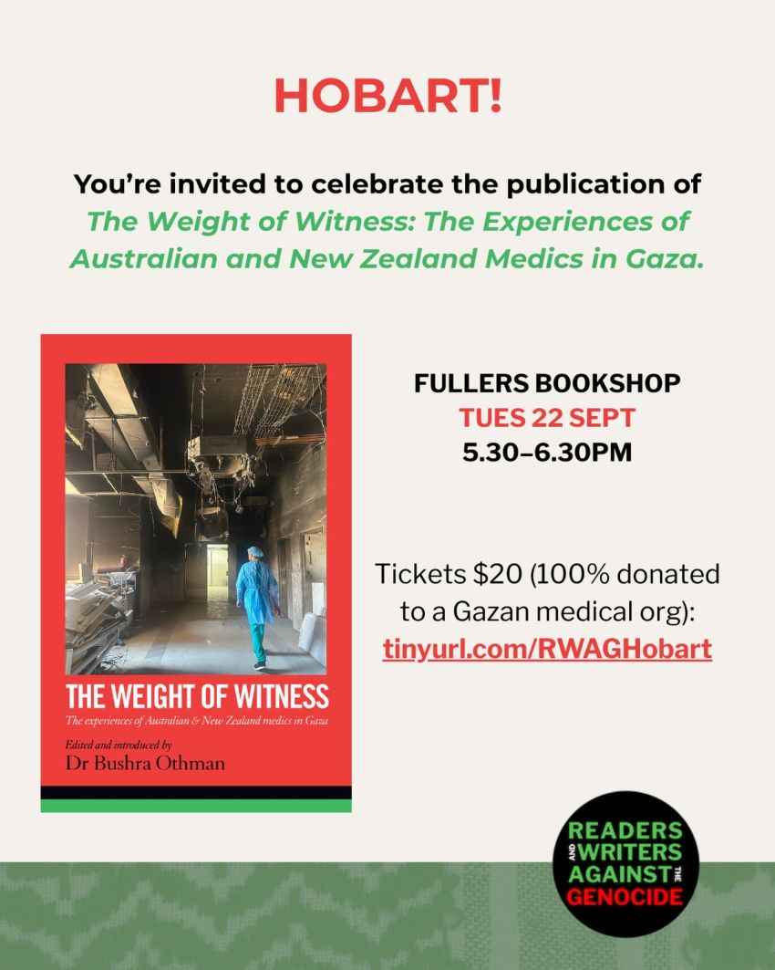 Artwork and image for event "Book Launch: The Weight of Witness – Nipaluna" 5:30pm-6:30pm Afterwood Cafe, Fullers Bookshop, 131 Collins St, Nipaluna Lutruwita 7000