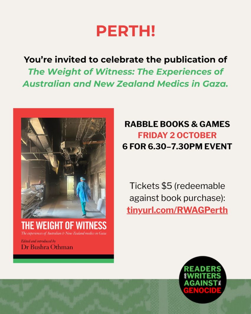 Artwork and image for event "Book Launch: The Weight of Witness – Boorloo" 6pm-7:30pm Rabble Books & Games, 2/46 Eighth Ave, Maylands WA 6051