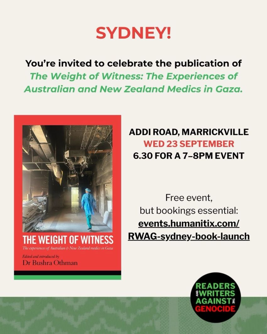 Artwork and image for event "Book Launch: The Weight of Witness – Sydney" 6:30pm-pm 23/09/2026 Addi Road, 142 Addison Rd, Marrickville NSW 2204
