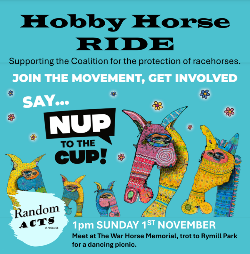Artwork and image for event "Hobby Horse Ride – Nup to the Cup!" War Horse Memorial, East Terrace & Botanic Rd, Tarntanya SA 5000