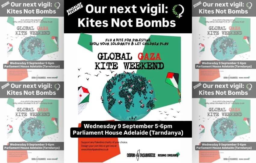 Artwork and image for event "Kites Not Bombs! Quiet Vigil and Fundraiser" 5pm-6pm 09/09/2026 Parliament House, North Terrace, Tarntanya SA 5000