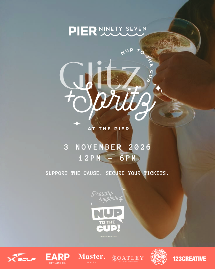 Artwork and image for event "Nup to the Cup: Glitz & Spritz at the Pier" 12pm-6pm 03/11/2026 Pier Ninety Seven, 97 Hannell St, Wickham NSW 2293