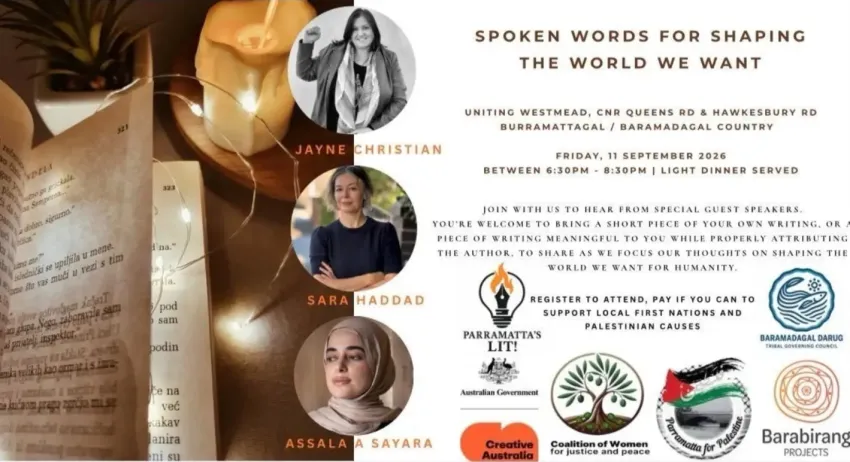 Artwork and image for event "Spoken Words for Sahping the World We Want" 6:30pm-8:30pm 11/09/2026 Westmead Church - Parramatta Mission, 175 Hawkesbury Rd, Westmead NSW 2145