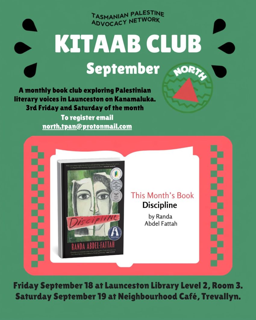 Artwork and image for event "Kitaab Club North in September: Discipline by Randa Abdel-Fattah" 18th and 19th September, Launceston