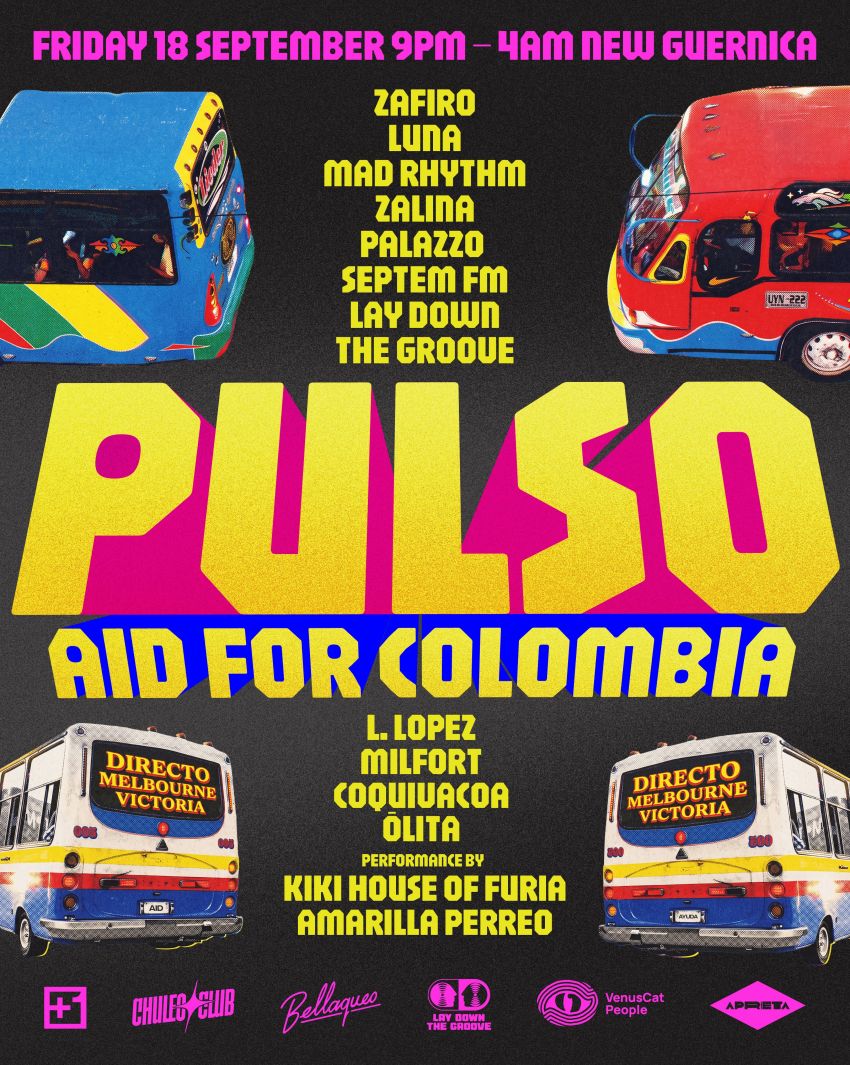 Artwork and image for event "PULSO Aid For Colombia" 9pm 18/09/2026 - 4am 19/09/2026 New Guernica, 64 Smith St, Collingwood VIC 3066