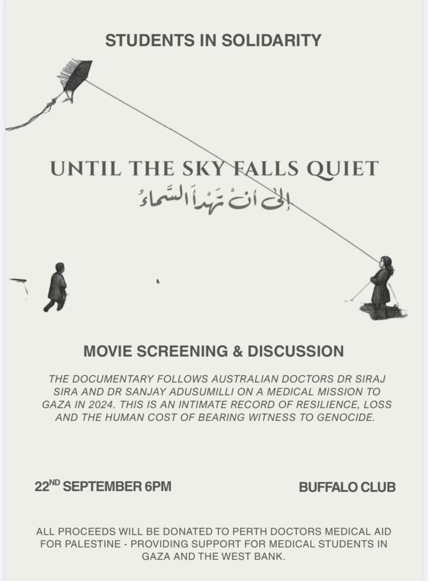 Artwork and image for event "Film screening and discussion: Until The Sky Falls Quiet" 6pm 22/09/2026 Buffalo Clob, 54 High St, Walyalup WA 6160