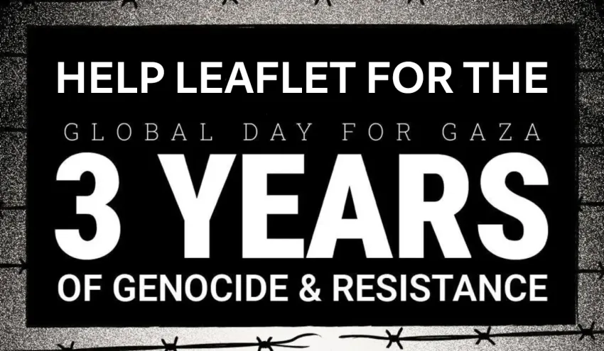 Artwork and image for leafletting events to help get the word out about the Global Day for Gaza on October 11, 2026