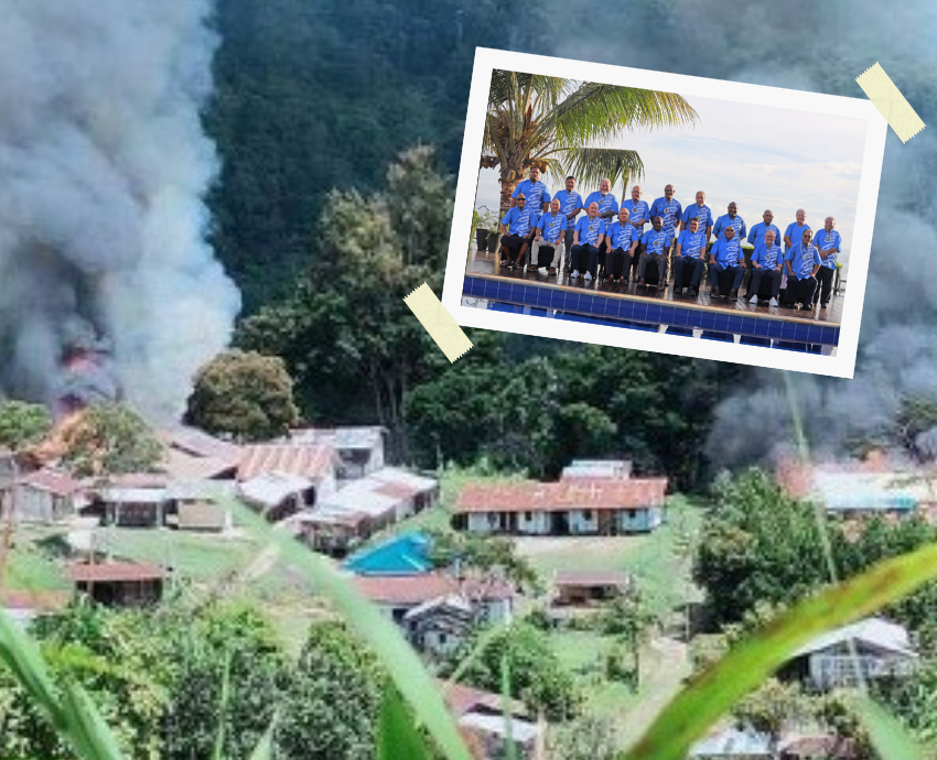 West Papuan village burns, inset 'family photo' from PIF
