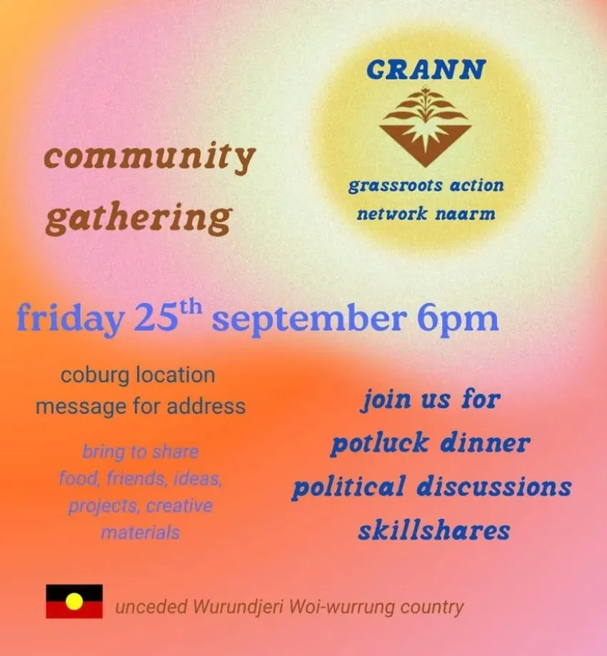 Artwork and image for event "GRANN Community Gathering" 6pm 25/09/2026, Coburg Vic, message instagram.com/grann_network for location