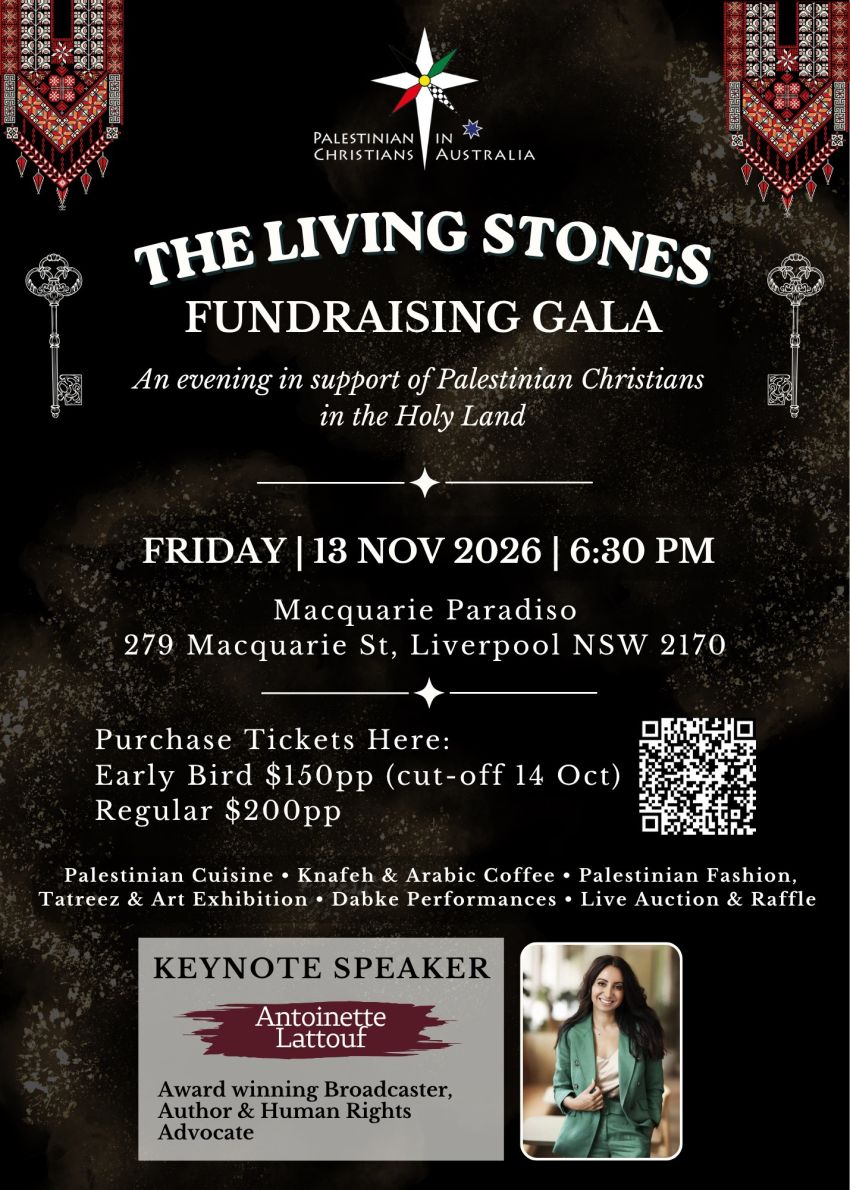 Artwork and image for event "The Living Stones Fundraising Gala for Palestinian Christians" 6:30pm-11pm 13/11/2026 Macquarie Paradiso Function Centre, 279 Macquarie St, Liverpool NSW 2170