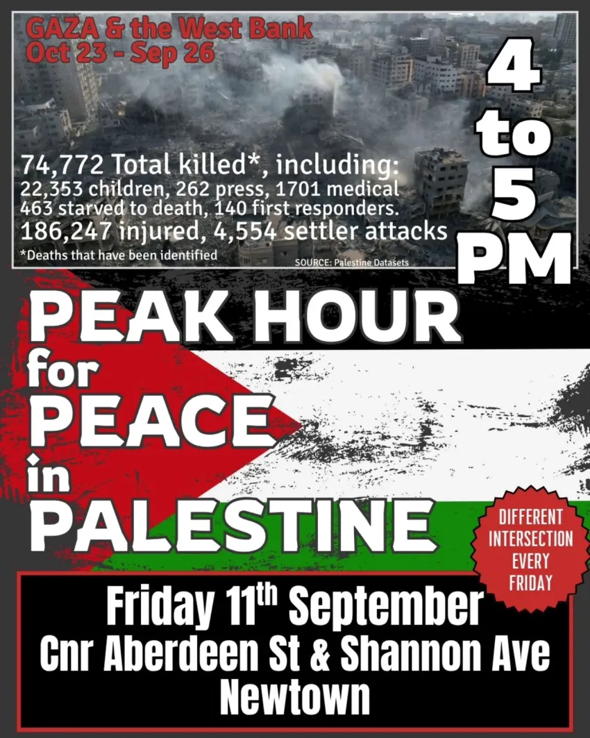 Artwork and image for event "Peak Hour for Peace" 4pm-5pm 11/09/2026 Aberdeen St & Shannon Ave, Newtown VIC 3218
