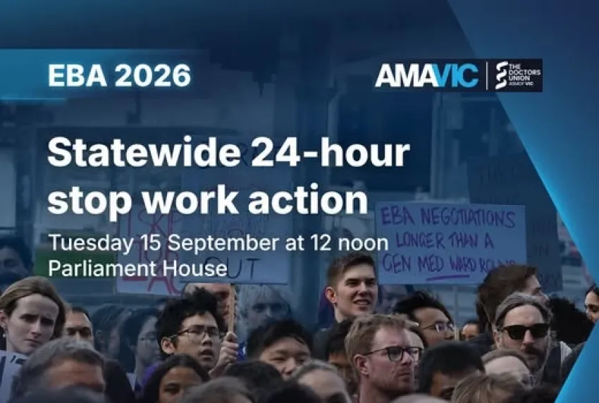 Artwork and image for event "Victorian public hospital doctors statewide 24-hour stop work action" 12pm-3pm 15/09/2026 Parliament of Victoria, Spring St, East Melbourne VIC 3002