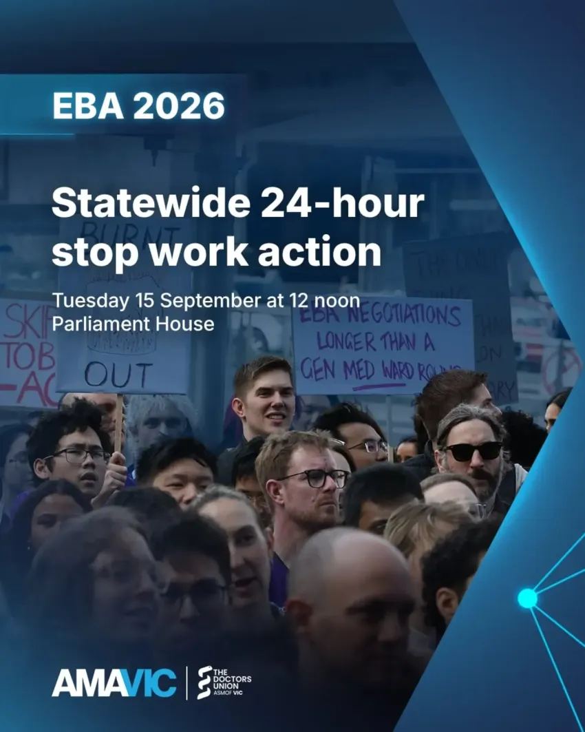 Artwork and image for event "Victorian public hospital doctors statewide 24-hour stop work action" 12pm-3pm 15/09/2026 Parliament of Victoria, Spring St, East Melbourne VIC 3002