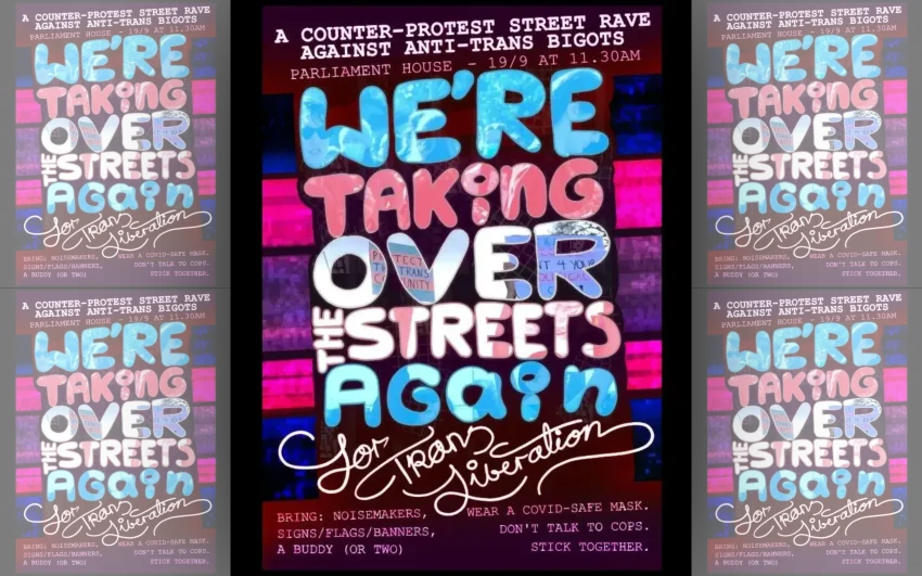 Artwork and image for event "We're Taking Over The Streets Again for Trans Liberation" 11:30am 19/09/2026 Parliament of Victoria, Spring St, East Melbourne VIC 3002