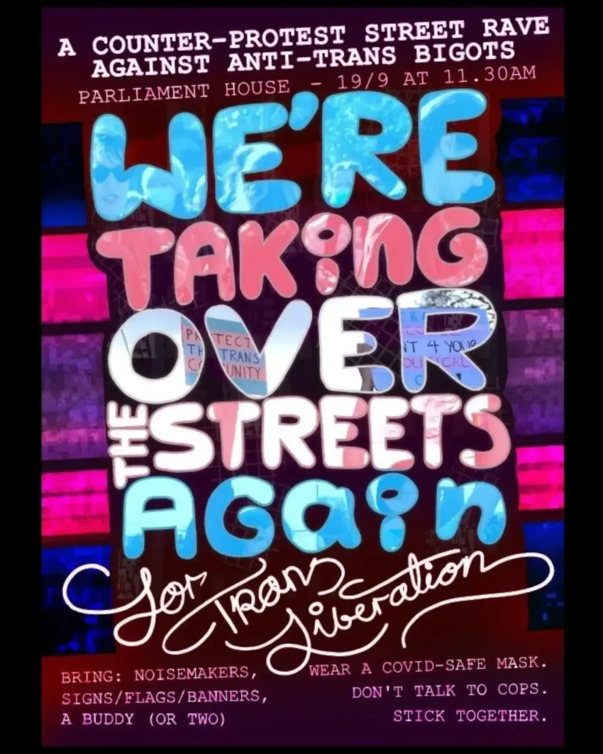 Artwork and image for event "We're Taking Over The Streets Again for Trans Liberation" 11:30am 19/09/2026 Parliament of Victoria, Spring St, East Melbourne VIC 3002