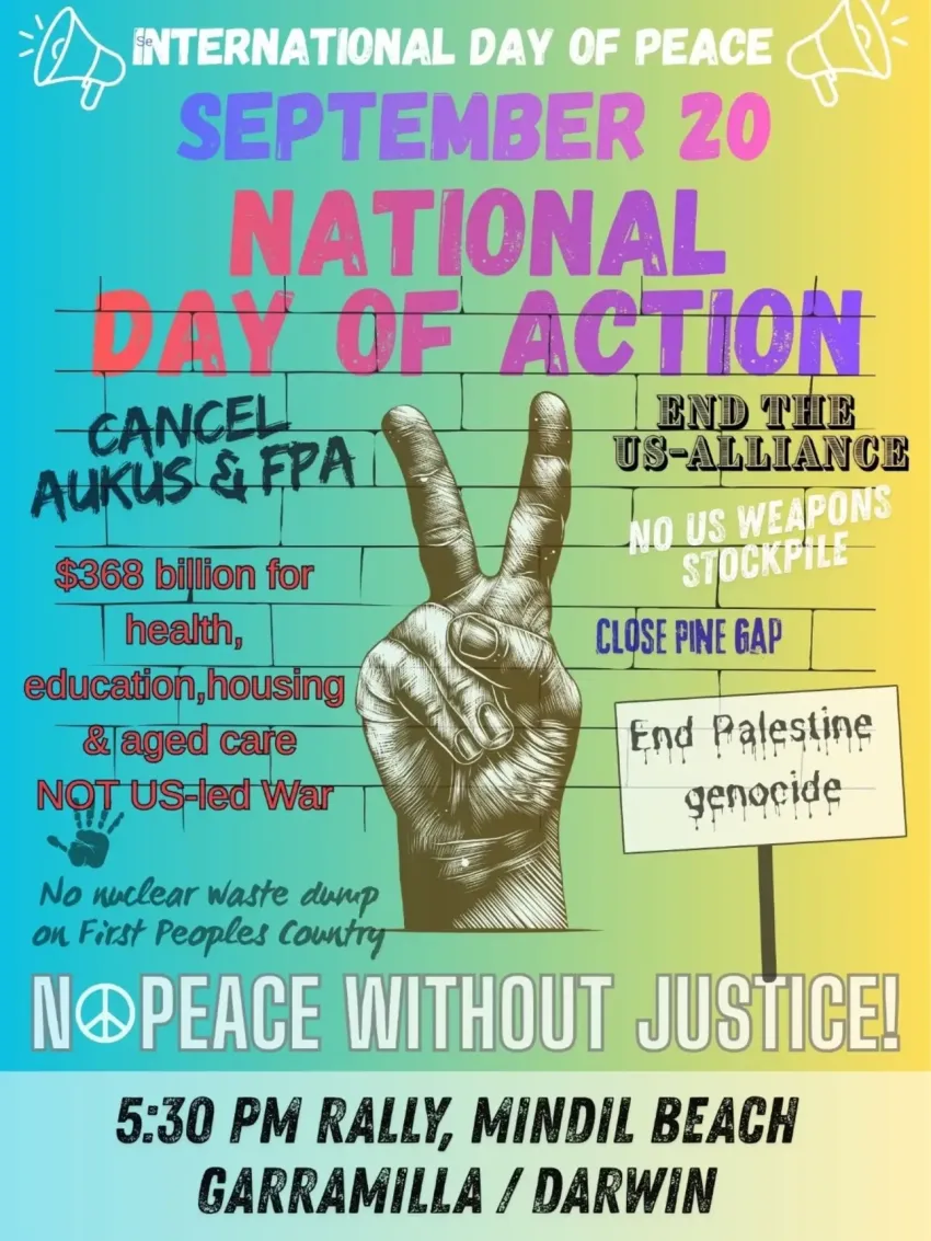 Artwork and image for event "National Day of Action: International Day of Peace – Garramilla" 5:30pm 20/09/2026 Mindil Beach, The Gardens NT 0820
