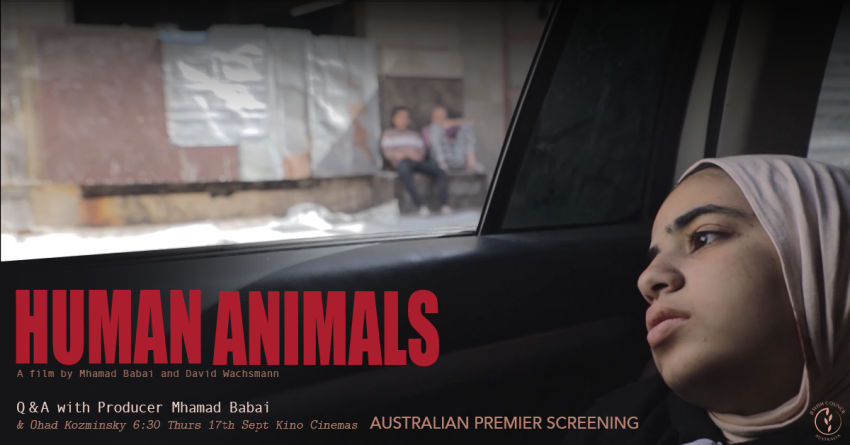 Artwork and image for event 'Human Animals: Australian Premiere Screening + Q&A with Producer Mhamad Babai" 6:30pm 17/09/2026 Kino Cinema, 45 Collins St, Melbourne VIC 3000