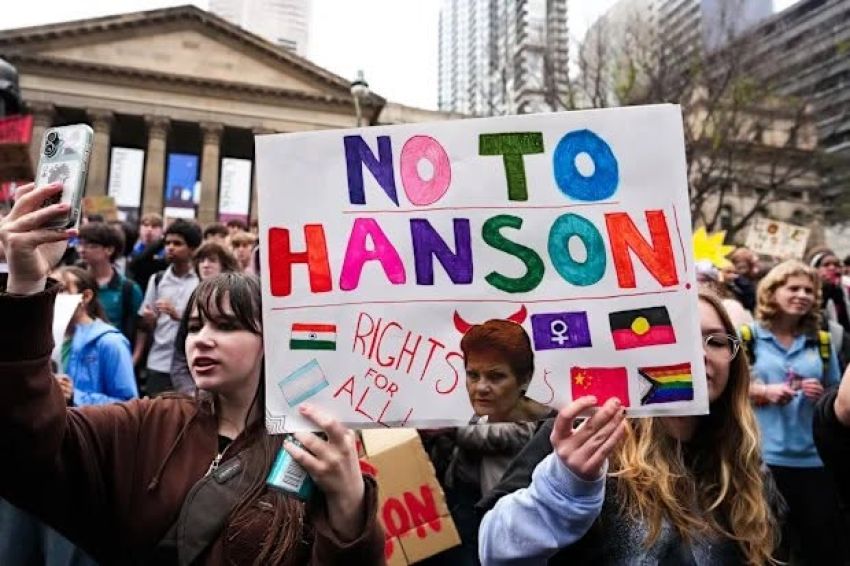 A photo of protesters at a anti Pauline Hanson rally