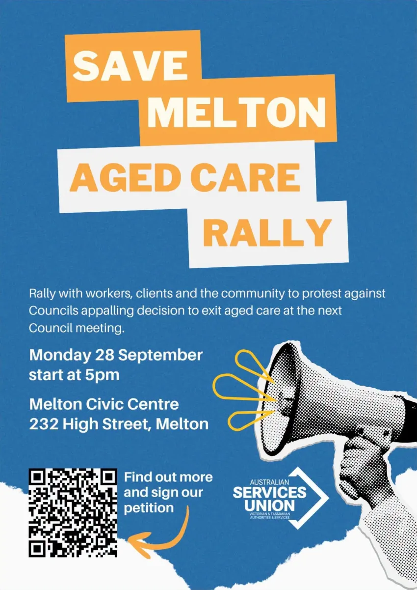 Artwork and image for event "Save Melton Aged Care Rally" 5pm 28/09/2026 Melton Civic Centre, 232 High St Melton VIC 3337