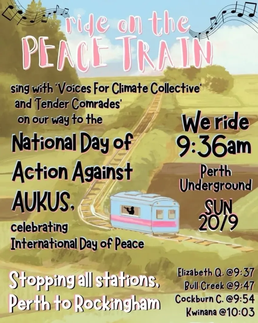 Artwork and image for event "Ride on the Peace Train" 9:36am Perth Underground, Murray St, Boorloo WA 6000