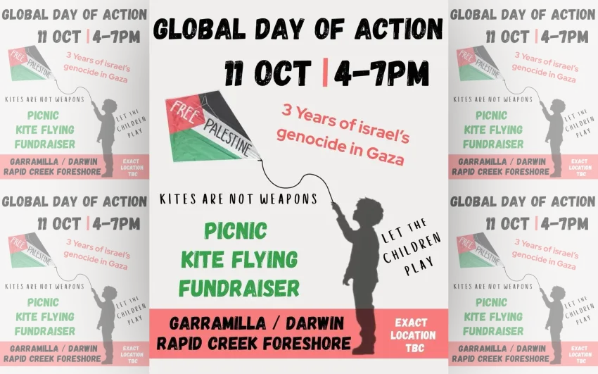 Artwork and image for event "Global Day for Gaza: Picnic and Kite Flying Fundraiser – Garramilla" 4pm-7pm 11/10/2026 Radip Creek foreshore, Casuarina Dr, Rapid Creek NT 0810