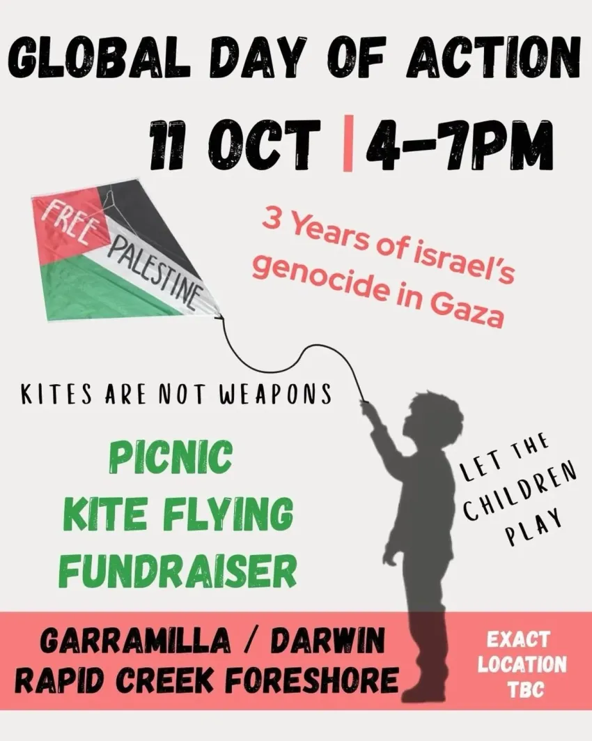 Artwork and image for event "Global Day for Gaza: Picnic and Kite Flying Fundraiser – Garramilla" 4pm-7pm 11/10/2026 Radip Creek foreshore, exact location to be confirmed