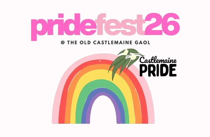 Artwork and image for event "Pridefest 2026: Moving from Persecution to Pride" 12pm-5pm 14/11/2026 Old Castlemaine Gaol, 36-48 Bowden St, Castlemaine VIC 3450